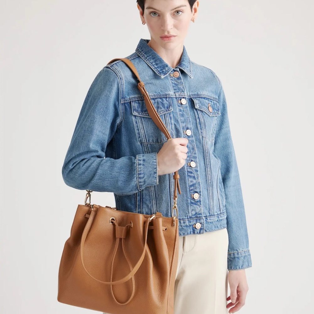 Italian Leather Triple Compartment Bucket Bag in Cognac - Picture 2 of 10